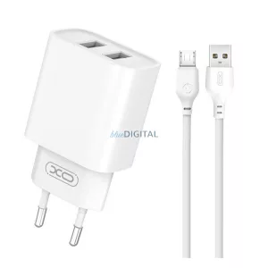 XO CE02C hálózati töltő 2 USB aljzat (10.5W, gyorstöltő + microUSB kábel) FEHÉR