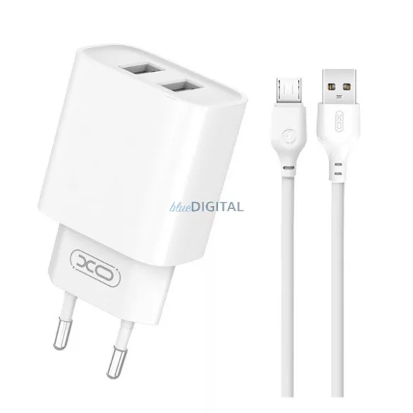 XO CE02C hálózati töltő 2 USB aljzat (10.5W, gyorstöltő + microUSB kábel) FEHÉR