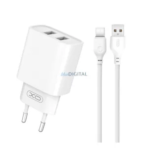 XO CE02C hálózati töltő 2 USB aljzat (10.5W, gyorstöltő + Type-C kábel) FEHÉR