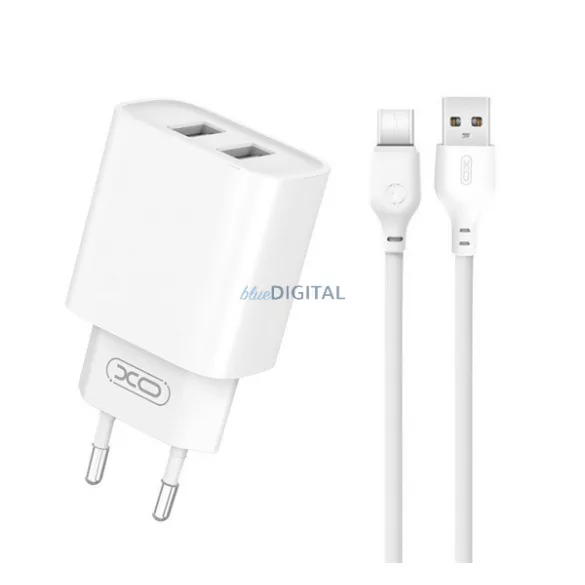 XO CE02C hálózati töltő 2 USB aljzat (10.5W, gyorstöltő + Type-C kábel) FEHÉR