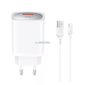 XO CE19 hálózati töltő USB aljzat (18W, PD gyorstöltő + microUSB kábel) FEHÉR