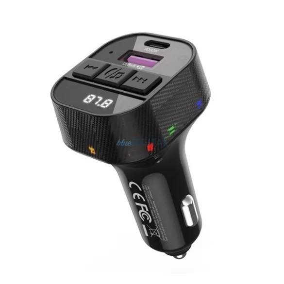 XO BCC17 bluetooth FM transmitter autós töltő USB+Type-C aljzat (v5.3, 30W, gyorstöltő, LED kijelző) FEKETE