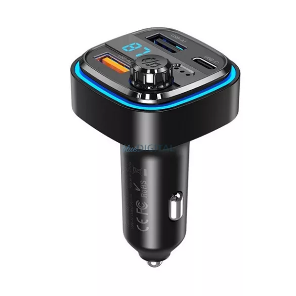 XO BCC08 bluetooth FM transmitter autós töltő 2 USB+Type-C aljzat (v5.0, 15W, gyorstöltő, LED kijelző) FEKETE