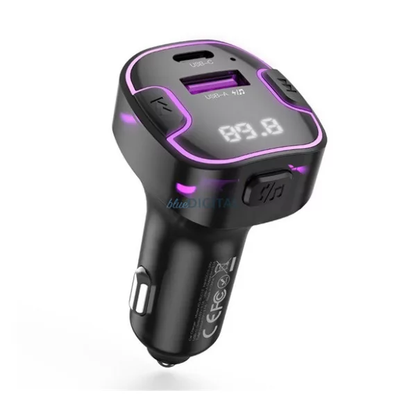XO BCC12 bluetooth FM transmitter autós töltő USB+Type-C aljzat (v5.3, 15W, gyorstöltő, LED kijelző) FEKETE