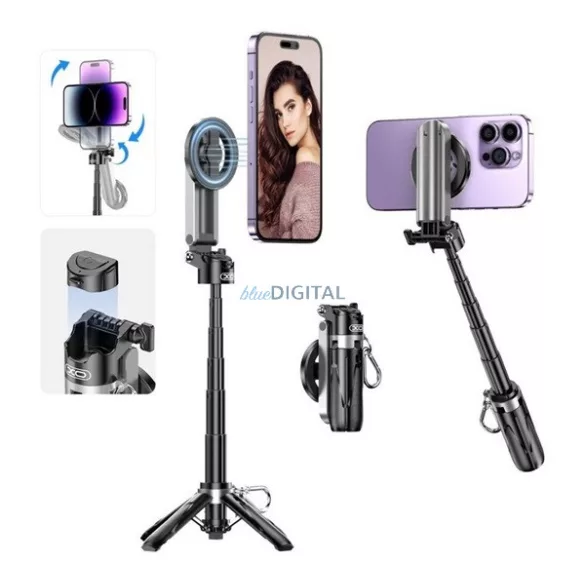 XO SS22 szelfibot (univerzális, 360°, állítható, bluetooth távkioldó,  összecsukható, 100cm, MagSafe) FEKETE Apple iPhone 12, iPhone 12 Pro, iPhone 12 Pro Max