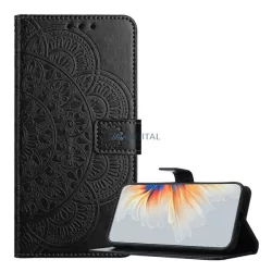   Tok álló, bőr hatású (FLIP, oldalra nyíló, asztali tartó, bankkártya tartó, kézpánt, mandala) FEKETE Xiaomi Redmi A5 4G
