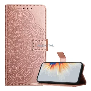 Tok álló, bőr hatású (FLIP, oldalra nyíló, asztali tartó, bankkártya tartó, kézpánt, mandala) ROZÉARANY Xiaomi Redmi A5 4G
