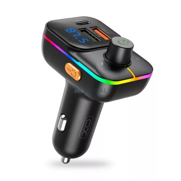 XO BCC09 bluetooth FM transmitter autós töltő 2 USB+Type-C aljzat (v5.0, 25W, gyorstöltő, LED kijelző) FEKETE