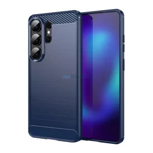 Szilikon telefonvédő (ütésállóság, légpárnás sarok, szálcsiszolt, karbon minta) SÖTÉTKÉK Samsung Galaxy S26 Ultra (SM-S948)