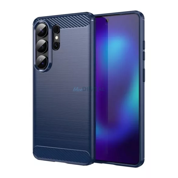 Szilikon telefonvédő (ütésállóság, légpárnás sarok, szálcsiszolt, karbon minta) SÖTÉTKÉK Samsung Galaxy S26 Ultra (SM-S948)