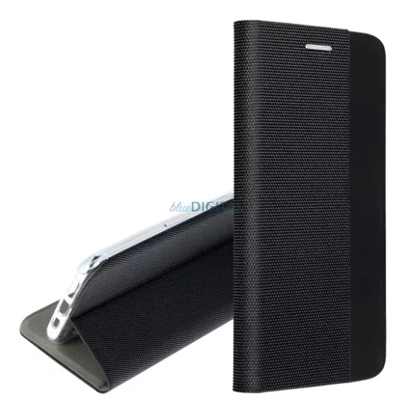 Tok álló, bőr hatású (FLIP, oldalra nyíló, asztali tartó, textil minta) FEKETE Samsung Galaxy S26 Ultra (SM-S948)