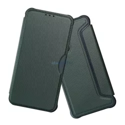   Tok álló, bőr hatású (FLIP, oldalra nyíló, ütésállóság, légpárnás sarok, kameravédő, karbon minta) SÖTÉTZÖLD Samsung Galaxy S26 Ultra (SM-S948)
