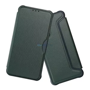 Tok álló, bőr hatású (FLIP, oldalra nyíló, ütésállóság, légpárnás sarok, kameravédő, karbon minta) SÖTÉTZÖLD Samsung Galaxy S26 (SM-S942)