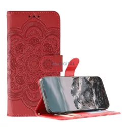   Tok álló, bőr hatású (FLIP, oldalra nyíló, asztali tartó, bankkártya tartó, kézpánt, mandala) PIROS