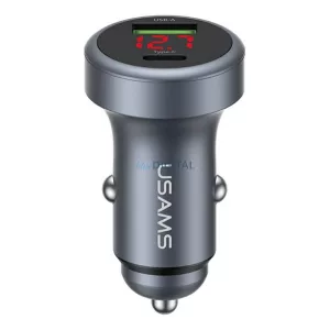 USAMS CC327 autós töltő USB+Type-C aljzat (45W, PD gyorstöltő, LED kijelző) SÖTÉTSZÜRKE