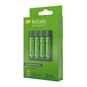 GP RECYKO akkutöltő (LED jelzés, időzítő, 4xAA/AAA elem kompatibilis + 4db 2100mAh AAA elem) SÖTÉTZÖLD