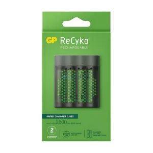 GP RECYKO akkutöltő (LED jelzés, időzítő, 4xAA/AAA elem kompatibilis + 4db 2700mAh AAA elem) FEKETE