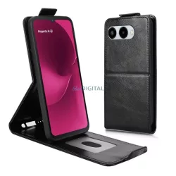   Tok álló, bőr hatású (FLIP, lefelé nyíló, szilikon tartó, kártyatartó) FEKETE T Phone 3 5G