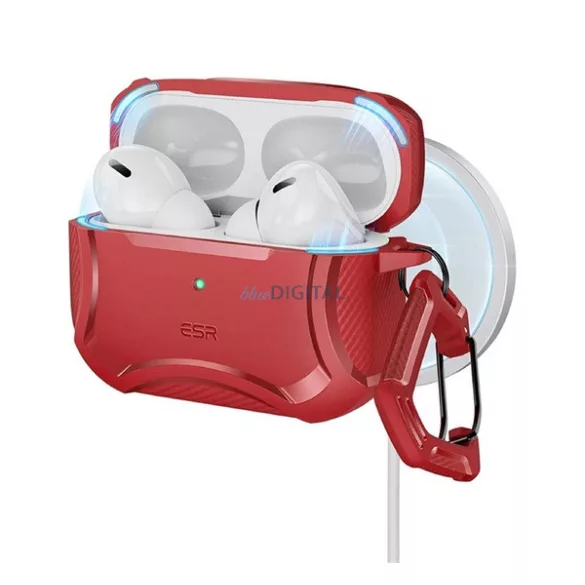 ESR CYBER ARMOR HALOLOCK szilikon tok (karbon minta + karabíner, MagSafe) PIROS Apple AirPods Pro 1-2