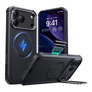 ESR CYBER ARMOR szilikon telefonvédő (ütésállóság, légpárnás sarok, kitámasztó, MagSafe) FEKETE Apple iPhone 17 Pro Max