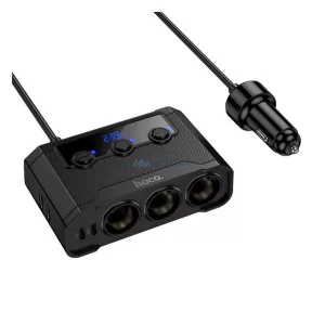 HOCO Z64 szivargyújtó adapter (elosztó, 3 szivargyújtó+2 USB+2 Type-C aljzat, 240W, PD gyorstöltés 3.0) FEKETE