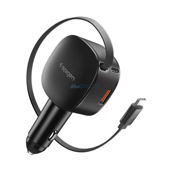 SPIGEN ESSENTIAL EV603BT autós töltő USB+Type-C aljzat (60W, gyorstöltő + fix Type-C kábel) FEKETE