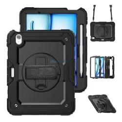   Defender műanyag telefonvédő (ütésállóság, kitámasztó, 360° + kézpánt, vállpánt) FEKETE Apple IPAD Air 11 (2024), IPAD Air 11 (2025)