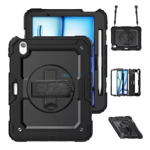 Defender műanyag telefonvédő (ütésállóság, kitámasztó, 360° + kézpánt, vállpánt) FEKETE Apple IPAD Air 11 (2024), IPAD Air 11 (2025)