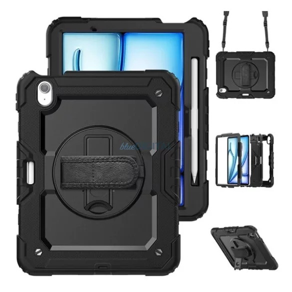 Defender műanyag telefonvédő (ütésállóság, kitámasztó, 360° + kézpánt, vállpánt) FEKETE Apple IPAD Air 11 (2024), IPAD Air 11 (2025)