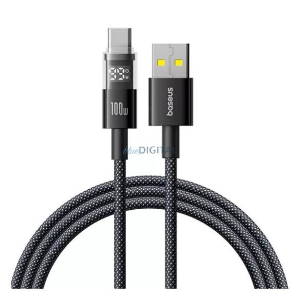 BASEUS DISPLAY II adatkábel (USB - Type-C, 100W, gyorstöltő, cipőfűző, LED kijelző, 100cm) FEKETE