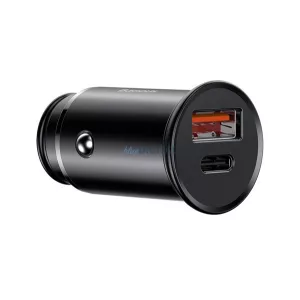 BASEUS CIRCULAR METAL autós töltő USB+Type-C aljzat (30W, gyorstöltő) FEKETE