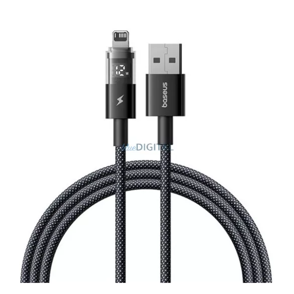BASEUS DISPLAY II adatkábel (USB - lightning, 2.4A, gyorstöltő, cipőfűző, LED kijelző, 200cm) FEKETE Apple IPAD (4th Generation), IPAD Air 2, IPAD Pro 9.7