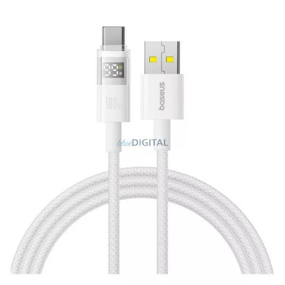 BASEUS DISPLAY II adatkábel (USB - Type-C, 100W, gyorstöltő, cipőfűző, LED kijelző, 200cm) FEHÉR