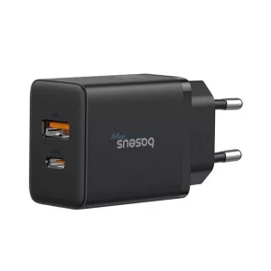 BASEUS CUBE hálózati töltő USB+Type-C aljzat (20W, GaN, PD gyorstöltő 3.0) FEKETE