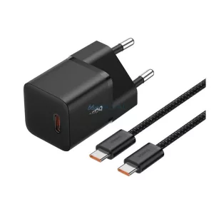 BASEUS GaN5 MINI 1C hálózati töltő Type-C aljzat (20W, PD gyorstöltő, GaN5 + Type-C kábel) FEKETE
