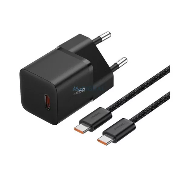 BASEUS GaN5 MINI 1C hálózati töltő Type-C aljzat (20W, PD gyorstöltő, GaN5 + Type-C kábel) FEKETE