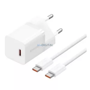 BASEUS GaN5 MINI 1C hálózati töltő Type-C aljzat (30W, PD gyorstöltő, GaN5 + Type-C kábel) FEHÉR