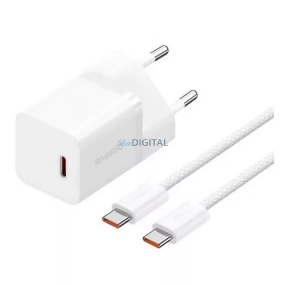 BASEUS GaN5 MINI 1C hálózati töltő Type-C aljzat (30W, PD gyorstöltő, GaN5 + Type-C kábel) FEHÉR