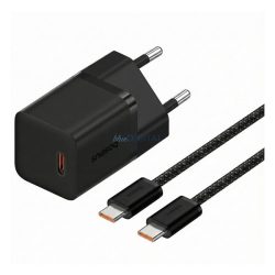   BASEUS GaN5 MINI 1C hálózati töltő Type-C aljzat (30W, PD gyorstöltő, GaN5 + Type-C kábel) FEKETE