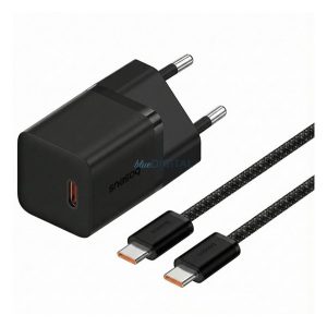 BASEUS GaN5 MINI 1C hálózati töltő Type-C aljzat (30W, PD gyorstöltő, GaN5 + Type-C kábel) FEKETE