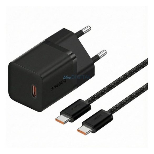 BASEUS GaN5 MINI 1C hálózati töltő Type-C aljzat (30W, PD gyorstöltő, GaN5 + Type-C kábel) FEKETE