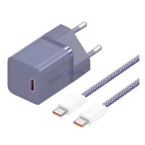 BASEUS GaN5 MINI 1C hálózati töltő Type-C aljzat (30W, PD gyorstöltő, GaN5 + Type-C kábel) LILA