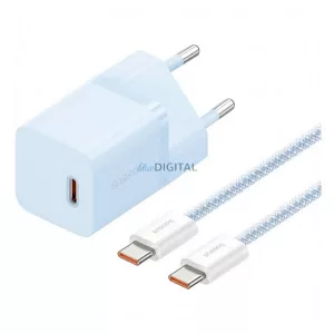 BASEUS GaN5 MINI 1C hálózati töltő Type-C aljzat (30W, PD gyorstöltő, GaN5 + Type-C kábel) VILÁGOSKÉK