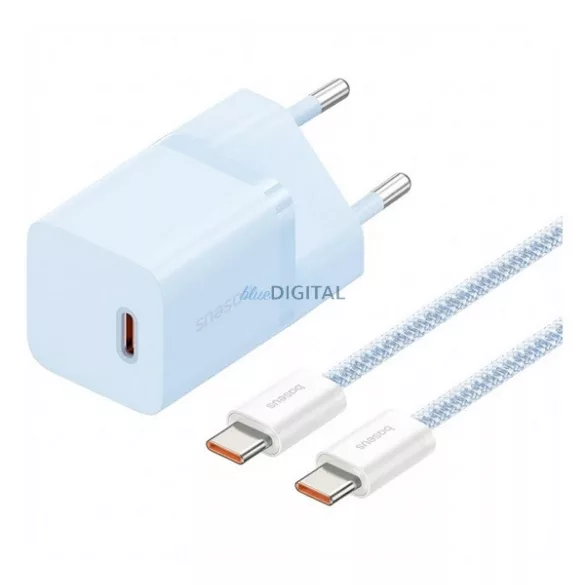 BASEUS GaN5 MINI 1C hálózati töltő Type-C aljzat (30W, PD gyorstöltő, GaN5 + Type-C kábel) VILÁGOSKÉK