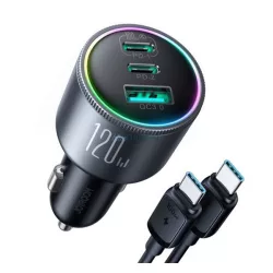   JOYROOM autós töltő USB+2 Type-C aljzat (120W, PD gyorstöltő 3.0 + Type-C kábel) SÖTÉTSZÜRKE