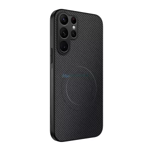 Szilikon telefonvédő (műanyag hátlap, karbon minta, mágneses) FEKETE Samsung Galaxy S26 Ultra (SM-S948)