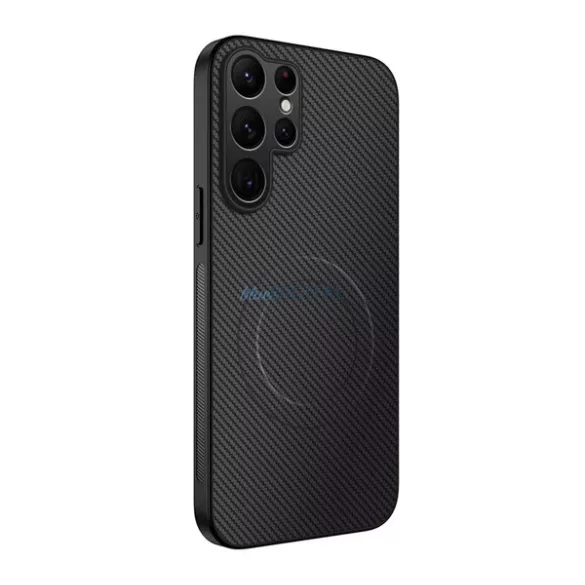 Szilikon telefonvédő (műanyag hátlap, karbon minta, mágneses) FEKETE Samsung Galaxy S26 Ultra (SM-S948)