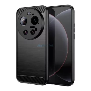 Szilikon telefonvédő (ütésállóság, légpárnás sarok, szálcsiszolt, karbon minta) FEKETE Xiaomi 17 Ultra