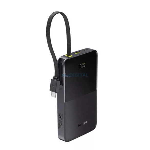 BASEUS ENERFILL FC51 BIPOW 2 vésztöltő Type-C+USB aljzat (10000mAh, 22.5W, PD gyorstöltő, LED + fix Type-C kábel) FEKETE
