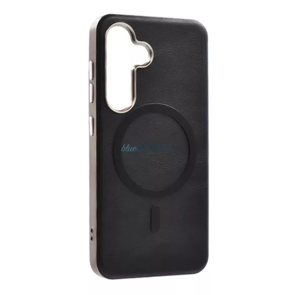 Szilikon telefonvédő (ECO bőr hatású hátlap, karcolásmentesítő belső, fém kameravédő, mágneses, prémium) FEKETE Samsung Galaxy A37 5G (SM-A376)